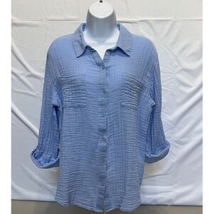 Chico's Women Size 2 Blue Button Up Gauze Cotton Shirt Long Sleeve Casual